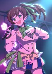 Rule 34 | 1girl, :d, blue nails, bow, brown hair, buttons, collared dress, dress, green bow, green eyes, high ponytail, highres, holding, holding microphone, idol, jacket, lace, lights, looking at viewer, medium hair, microphone, nail polish, open mouth, ponytail, ribbon, smile, solo, somasoutaro, standing, suit jacket, teeth, uniform, upper teeth only, yuzuriha maimai, zombie land saga