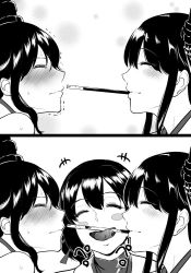 Rule 34 | 10s, 2koma, 3girls, bifidus, blush, blush stickers, comic, detached sleeves, closed eyes, food, fusou (kancolle), greyscale, hair ornament, interrupted, ise (kancolle), kantai collection, licking, long hair, monochrome, multiple girls, nontraditional miko, open mouth, pocky, pocky kiss, profile, shared food, short hair, sidelocks, smile, tongue, tongue out, translated, trembling, yamashiro (kancolle), yuri