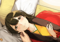 Rule 34 | 1boy, 1girl, blush, brown eyes, brown hair, closed mouth, from above, hiryuu (kancolle), jacket, japanese clothes, jumpsuit, kantai collection, kimono, lap pillow, lips, looking at viewer, looking up, lying, on back, on floor, open clothes, open jacket, out of frame, pants, poco (backboa), pov, red jumpsuit, short hair, smile, solo focus, stroking cheek, tareme, white pants, wooden floor, yellow kimono