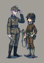 Rule 34 | 1boy, 1girl, ammunition pouch, breast pocket, canteen, cigarette, combat helmet, commentary, english commentary, erica (naze1940), field cap, height difference, helmet, highres, looking down, looking up, m1 carbine, m1 helmet, military, military uniform, original, pocket, pouch, puttees, simple background, smoking, tagme, uniform, watch, world war ii