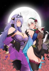 Rule 34 | 2girls, absurdres, blush, breasts, camilla (alluring darkness) (fire emblem), camilla (fire emblem), cleavage, corrin (female) (fire emblem), corrin (female) (resplendent) (fire emblem), corrin (fire emblem), covered navel, dress, fire emblem, fire emblem fates, fire emblem heroes, flower, grey hair, hair flower, hair ornament, hairband, highres, ihsnet, large breasts, long hair, looking at another, moon, multiple girls, nintendo, official alternate costume, pointy ears, purple hair, sash, see-through, see-through cleavage, thighhighs, tiara, very long hair, yuri