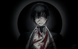 Rule 34 | 1boy, black eyes, black hair, black kimono, black vest, blood, blood on clothes, blood on face, closed mouth, collared shirt, eclipse, japanese clothes, kimono, limbus company, necktie, open clothes, open kimono, project moon, red necktie, satome setsuko, shirt, smile, solo, torn clothes, upper body, vest, white shirt, yi sang (project moon)