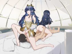 Rule 34 | 1boy, 2girls, arknights, artist request, ass, astesia (arknights), astgenne (arknights), bed, blue hair, breasts, ffm threesome, group sex, long hair, multiple girls, nipples, sex, siblings, sisters, small breasts, source request, tagme, threesome
