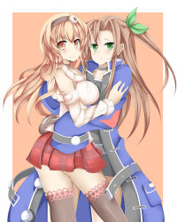 Rule 34 | 10s, 2girls, arm warmers, ass, bare shoulders, blush, bow, breasts, brown hair, choker, coat, compa, female focus, gluteal fold, green eyes, hair bow, hairband, highres, hug, if (neptunia), large breasts, long hair, looking at viewer, multiple girls, neptune (series), olly (ollycrescent), pink eyes, pink hair, ribbed sweater, sideboob, skirt, smile, sweater, thighhighs, yuri