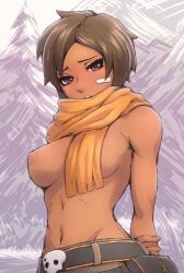 Rule 34 | 1girl, arms behind back, bandaid, bandaid on face, belt, black belt, breasts, brown pants, commentary, dark-skinned female, dark skin, hand on own arm, highres, kinessa, looking at viewer, medium breasts, navel, nipples, outdoors, paladins, pants, rengaboo, scarf, short hair, sketch background, skull ornament, solo, stomach, topless, yellow scarf