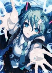 Rule 34 | 1girl, ajigo, aqua eyes, aqua hair, aqua necktie, black wrist cuffs, blue nails, collared shirt, commentary, english commentary, foreshortening, from above, grey shirt, hatsune miku, highres, looking at viewer, looking up, necktie, open mouth, outstretched arms, rain, reaching, reaching towards viewer, shirt, solo, twintails, vocaloid, water drop, wrist cuffs
