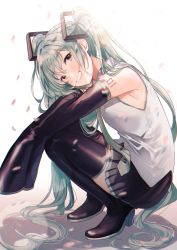 Rule 34 | 1girl, aqua eyes, aqua hair, aqua necktie, bare shoulders, black skirt, black sleeves, black thighhighs, boots, commentary, detached sleeves, falling petals, from side, full body, grey shirt, grin, hair ornament, hanako151, hatsune miku, head tilt, highres, long hair, looking at viewer, necktie, petals, shirt, shoulder tattoo, signature, skirt, sleeveless, sleeveless shirt, sleeves past fingers, sleeves past wrists, smile, solo, squatting, symbol-only commentary, tattoo, thigh boots, thighhighs, twintails, very long hair, vocaloid, zettai ryouiki