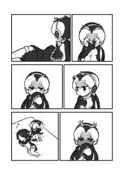 Rule 34 | &gt; &lt;, 2girls, :3, blush, comic, commentary request, covering face, embarrassed, emperor penguin (kemono friends), full-face blush, greyscale, hair over one eye, headphones, highres, hood, hoodie, kemono friends, kotobuki (tiny life), leotard, long hair, long sleeves, monochrome, multiple girls, no shoes, penguin tail, royal penguin (kemono friends), short hair, sleeping, tail, thighhighs, twintails