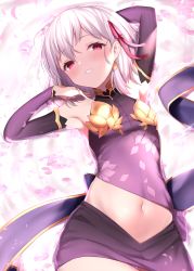 Rule 34 | 1girl, armpits, arms up, bare shoulders, blush, breasts, detached sleeves, earrings, fate/grand order, fate (series), hair ribbon, highres, hip focus, jewelry, kama (fate), kama (first ascension) (fate), looking at viewer, lying, maosame, navel, on back, parted lips, petals, purple skirt, red eyes, ribbon, ring, short hair, silver hair, skirt, small breasts, smile, solo