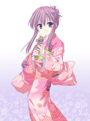 Rule 34 | 00s, 1girl, chikage (sister princess), hand fan, female focus, floral print, folding fan, highres, holding, japanese clothes, kimono, looking at viewer, pink hair, purple eyes, sister princess, solo