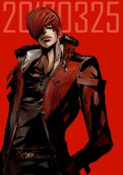 Rule 34 | 1boy, belt, birthday, buckle, chain, fur collar, highres, jacket, jewelry, looking at viewer, male focus, necklace, one eye covered, red background, red eyes, red hair, red jacket, solo, the king of fighters, the king of fighters xiv, wool (2765210eds), yagami iori