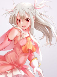 Rule 34 | 1girl, bare shoulders, breasts, commentary request, cross, detached sleeves, dress, fate/kaleid liner prisma illya, fate (series), gloves, hair between eyes, highres, illyasviel von einzbern, long hair, looking at viewer, magical girl, open mouth, oz5151, pink dress, pink sleeves, red eyes, small breasts, smile, solo, white gloves, white hair