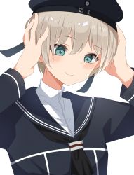 Rule 34 | 1girl, black dress, black hat, black sailor collar, blonde hair, blue eyes, blush, closed mouth, clothes writing, dress, hachino mugi, hair between eyes, hat, highres, kantai collection, long sleeves, sailor collar, sailor dress, sailor hat, short hair, simple background, smile, solo, upper body, white background, z1 leberecht maass (kancolle)