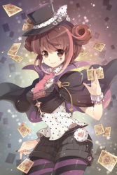 Rule 34 | 1girl, arm up, bracelet, brooch, brown eyes, brown hair, bustier, cape, card, facepaint, grin, hat, hat ribbon, heart, holding, jewelry, lowres, mini hat, mini top hat, multicolored hair, nail polish, necktie, pantyhose, pantyhose under shorts, pendant, polka dot, rednian, ribbon, short hair, shorts, smile, socks, solo, sparkle, star (symbol), striped clothes, striped pantyhose, sword girls, thighhighs, top hat