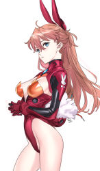 Rule 34 | 1girl, adapted costume, animal ears, bare legs, blue eyes, breasts, brown hair, contrapposto, expressionless, fake animal ears, fake tail, highleg, highleg leotard, highres, leotard, long hair, looking at viewer, medium breasts, neon genesis evangelion, nishieda, nontraditional playboy bunny, playboy bunny, plugsuit, rabbit ears, rabbit tail, red leotard, see-through, shiny skin, simple background, skin tight, solo, souryuu asuka langley, tail, thighs, thong leotard, white background