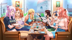 abs becky_montanari bikini blonde_hair blue_eyes braid braided_bangs breasts cecilia_campbell cleavage debora_rosado drink elisa_anker food ge_xi hair_ornament hamana_akane highres jewelry large_breasts levasol_defense_corps lien_ai-chiang long_hair muscular muscular_female navel obliques open_mouth orange_eyes orange_hair ponytail smile swimsuit tea very_long_hair witches_in_7th_base yuri