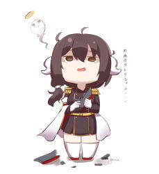 Rule 34 | 1girl, :d, ahoge, ame., azur lane, broken, brown eyes, brown hair, brown jacket, brown skirt, chibi, curled horns, epaulettes, giving up the ghost, gloves, hair between eyes, halo, horns, jacket, long hair, long sleeves, mikasa (azur lane), open mouth, pleated skirt, red footwear, signature, skirt, smile, solo, standing, tears, thighhighs, translation request, white background, white gloves, white thighhighs