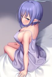 Rule 34 | 1girl, aoi (blue archive), bare arms, bare shoulders, blue archive, blue eyes, blue hair, blush, breasts, cleavage, collarbone, halo, highres, large breasts, looking at viewer, melopun, mole, mole under eye, parted lips, pointy ears, revision, short hair, sitting, solo, thighs