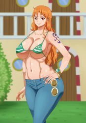 Rule 34 | 1girl, bikini, bikini top only, breasts, cleavage, curvy, denim, fingernails, hand on own hip, highres, huge breasts, jeans, large breasts, legs, long hair, midriff, nami (one piece), navel, one piece, orange hair, pants, pinkpawg, shiny skin, smile, solo, swimsuit, tattoo, thick thighs, thighs, toned, very long hair, wide hips
