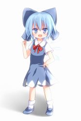 Rule 34 | 1girl, blouse, blue eyes, blue hair, cirno, collared shirt, dress, female focus, full body, gradient background, hair ribbon, hand on own hip, ice, ice wings, matching hair/eyes, pinafore dress, ribbon, shirt, shize (coletti), sleeveless dress, socks, solo, touhou, white background, white shirt, white socks, wings