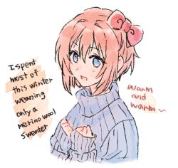 Rule 34 | :d, blue eyes, blush, bow, clenched hands, doki doki literature club, english text, grey sweater, hair between eyes, hair bow, hands on own chest, long sleeves, open mouth, own hands together, pink hair, red bow, ribbed sweater, sayori (doki doki literature club), short hair, simple background, sleeves past wrists, smile, sora (efr), sweater, turtleneck, turtleneck sweater, upper body, white background