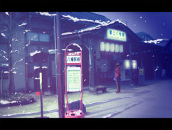 Rule 34 | 1girl, alr1946, black hair, boots, hands in pockets, jacket, letterboxed, lights, long hair, original, photo (object), sign, skirt, snow, snowing, third-party edit, train station, vending machine