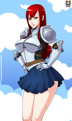 Rule 34 | 1girl, armor, breasts, cloud, erza scarlet, fairy tail, female focus, hands on own hips, kyoffie, large breasts, long hair, red eyes, red hair, skirt, smile, solo