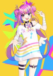 Rule 34 | 1girl, absurdres, ahoge, bandages, bandaid, bandaid on face, commission, hair ornament, happy, heterochromia, highres, idol corp, knees up, maril zu, multicolored hair, open mouth, pink eyes, purple eyes, riro ron, shirt, simple background, star (symbol), teeth, thighs, twintails, v, virtual youtuber, wings