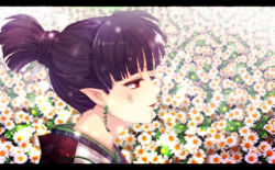 Rule 34 | 1girl, black hair, blunt bangs, bo (flageolet), colorized, daisy, dirty, earrings, eyeshadow, field, flower, flower field, gatma, inuyasha, japanese clothes, jewelry, jitome, kagura (inuyasha), kimono, letterboxed, light smile, lipstick, makeup, pointy ears, ponytail, portrait, profile, red lips, short hair, solo, spoilers, yukata