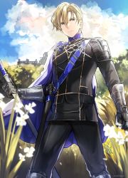 Rule 34 | 1boy, absurdres, armor, artist name, black pants, blonde hair, blue cape, blue eyes, blue sky, blurry, cape, closed mouth, cloud, cloudy sky, commentary, cowboy shot, day, depth of field, dimitri alexandre blaiddyd, fire emblem, fire emblem: three houses, flower, garreg mach monastery uniform, gloves, grass, highres, holding, holding weapon, kanniiepan, long sleeves, looking at viewer, male focus, nature, nintendo, outdoors, pants, serious, sheath, sheathed, short hair, shoulder armor, shoulder plates, sky, solo, standing, sword, tree, weapon, white flower