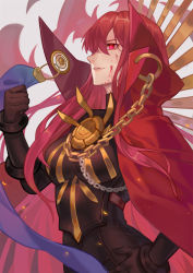 Rule 34 | 1girl, black bodysuit, black gloves, blood, blood on face, bodysuit, breasts, cape, chain, clenched hand, collared cape, commentary request, crest, family crest, fate/grand order, fate (series), gloves, glowing, glowing eyes, hair over one eye, hand on own hip, jolker, large breasts, long hair, oda nobunaga (fate), oda nobunaga (maou avenger) (fate), oda uri, popped collar, red cape, red eyes, red hair, solo, very long hair