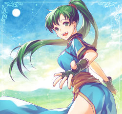 Rule 34 | 1girl, :d, ass, breasts, dress, earrings, fingerless gloves, fire emblem, fire emblem: the blazing blade, gloves, green eyes, green hair, high ponytail, highres, jewelry, kori (etinop), long hair, looking at viewer, lyn (fire emblem), nintendo, open mouth, pelvic curtain, ponytail, side slit, smile, solo, very long hair