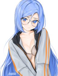 Rule 34 | 1girl, :t, artist name, bespectacled, black-framed eyewear, blue eyes, blue hair, bra, breasts, breasts squeezed together, brown bra, chaesu, cleavage, closed mouth, collarbone, commentary, contrapposto, furrowed brow, glasses, grey bra, grey jacket, hair between eyes, hair intakes, head tilt, highres, hood, hoodie, jacket, long hair, long sleeves, looking at viewer, medium breasts, bae minah (chaesu), multicolored eyes, open clothes, open jacket, orange eyes, original, oversized clothes, pout, round eyewear, shiny skin, simple background, solo, swept bangs, symbol-only commentary, underwear, unzipped, upper body, v arms, very long hair, white background