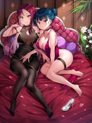 Rule 34 | 2girls, alternate breast size, bare legs, bare shoulders, barefoot, black dress, blue hair, blush, bodystocking, bracelet, breasts, breasts apart, choker, cleavage, closed mouth, commentary, crossed legs, dress, earrings, feet, full body, glass slipper, glint, hair bun, hair ornament, tucking hair, hairclip, highres, indoors, jewelry, large breasts, locked arms, looking at viewer, love live!, love live! sunshine!!, multiple girls, nail polish, necklace, no bra, no panties, pantyhose, parted bangs, parted lips, pelvic curtain, petals, purple eyes, red dress, red hair, sakurauchi riko, shiny skin, short dress, single hair bun, sitting, smile, symbol-only commentary, tem10, thigh strap, toenail polish, toenails, toes, tsushima yoshiko, yellow eyes