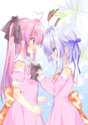 Rule 34 | 2girls, ahoge, blue eyes, blush, bow, braid, detached sleeves, dress, fang, flower, from side, hair ribbon, hand on another&#039;s chest, hand on own chest, haruka (lilium x triangle), heart, heart ahoge, hirose sana, light purple hair, lilium x triangle, lily (flower), long hair, multiple girls, open mouth, pink dress, pink hair, piyodera mucha, plaid, plaid bow, plaid ribbon, profile, puffy detached sleeves, puffy sleeves, purple hair, red eyes, ribbon, short hair, twin braids, two side up, yuri