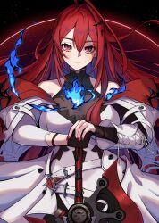 1girl ahoge blue_fire breasts dress elizabeth_rose_bloodflame elizabeth_rose_bloodflame_(1st_costume) fire gloves greatsword h4kuuua_0 highres hololive hololive_english huge_ahoge large_breasts long_hair looking_at_viewer red_eyes red_hair red_nails smile sword thorn_(elizabeth_rose_bloodflame) very_long_hair virtual_youtuber weapon white_dress