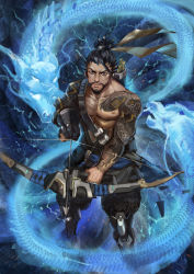 Rule 34 | 1boy, absurdres, arrow (projectile), baggy pants, beard, black hair, blue eyes, bow (weapon), destiny yama, dragon, eastern dragon, eyebrows, facial hair, gloves, hanzo (overwatch), highres, long hair, male focus, overwatch, overwatch 1, pants, partially fingerless gloves, pectorals, ponytail, quiver, solo, tattoo, thick eyebrows, weapon