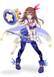 Rule 34 | 1girl, adapted costume, ankimo (tokino sora), blouse, blue footwear, blue jacket, blue skirt, blue thighhighs, blush, boots, breasts, brown hair, cape, center opening, cleavage, commentary, feathers, full body, gloves, hair between eyes, hair flaps, holding, holding sword, holding weapon, hololive, jacket, leg ribbon, long hair, looking at viewer, medium breasts, midriff, miniskirt, navel, neck ribbon, open clothes, open jacket, open mouth, pleated skirt, red ribbon, ribbon, satobitob, shield, shirt, simple background, skirt, smile, solo, standing, sword, thigh ribbon, thighhighs, tokino sora, tokino sora (1st costume), virtual youtuber, weapon, white background, white cape, white gloves, white shirt, wing collar, zettai ryouiki