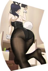 Rule 34 | 1girl, absurdres, animal ears, ass, blue hair, fake animal ears, highres, leotard, miru tights, nakabeni yua, pantyhose, playboy bunny, ponytail, rabbit ears, rabbit tail, solo, stitched, tail, third-party edit, wrist cuffs