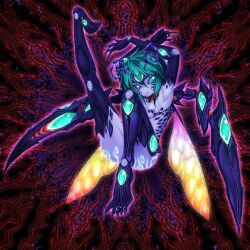Rule 34 | 1girl, antennae, arms behind head, arthropod girl, arthropod limbs, body markings, claws, colored skin, compound eyes, extra arms, full body, green eyes, green hair, highres, insect wings, looking at viewer, madara inosuke, nude, purple skin, short hair, solo, touhou, wings, wriggle nightbug