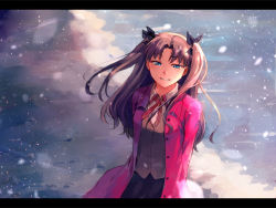 Rule 34 | 1girl, arms behind back, blue eyes, brown hair, cloud, coat, fate/stay night, fate (series), green eyes, grin, hair ribbon, letterboxed, long hair, looking at viewer, ribbon, smile, solo, takeshi kai, tohsaka rin, twintails, two side up