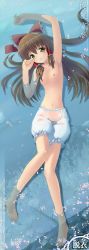 Rule 34 | 1girl, absurdres, armpits, arms up, barefoot, bloomers, blush, bow, breasts, brown eyes, brown hair, cherry blossoms, dakimakura (medium), feet, female focus, full body, hakurei reimu, highres, himawari (sunlight yellow), huge filesize, legs, long hair, long image, lying, navel, nipples, on back, petals, small breasts, solo, tall image, touhou, translation request, underwear, water, wet