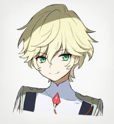 Rule 34 | 10s, 1boy, blonde hair, cropped torso, darling in the franxx, gem, green eyes, grey background, looking at viewer, male focus, nine alpha (darling in the franxx), simple background, smile, solo, uniform