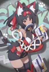 Rule 34 | 1girl, absurdres, animal ear fluff, animal ears, bare shoulders, bell, bilibili xiaolu, black hair, black shorts, black thighhighs, blush, breasts, detached sleeves, fish (food), food in mouth, graffiti, highres, jingle bell, leaning forward, long sleeves, medium breasts, multiple tails, neck bell, nekomiya mana, puffy long sleeves, puffy sleeves, red eyes, short shorts, shorts, solo, tail, thighhighs, zenless zone zero
