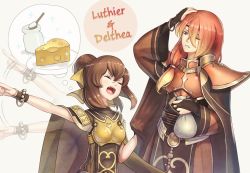 Rule 34 | 1boy, 1girl, afterimage, armor, bag, bow, bracelet, breastplate, bridal gauntlets, brother and sister, brown hair, cape, character name, cheese, delthea (fire emblem), closed eyes, fire emblem, fire emblem echoes: shadows of valentia, food, gonzarez, hair bow, hand on head, holding, holding bag, jewelry, long hair, long sleeves, low ponytail, luthier (fire emblem), nintendo, one eye closed, open mouth, orange hair, parted lips, ponytail, shoulder armor, siblings, simple background, sleeveless, white background, wide sleeves, yellow bow
