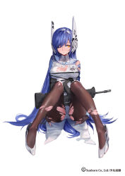 Rule 34 | 1girl, ;(, assault rifle, blue hair, blush, breasts, bullpup, cleavage, closed mouth, full body, girls&#039; frontline, gun, hair between eyes, hand on ass, headgear, iwi tavor, impossible clothes, impossible leotard, iwi tavor, iwi tavor tar-21, kishiyo, large breasts, leotard, leotard under clothes, logo, long hair, looking to the side, magazine (weapon), one eye closed, orange eyes, pantyhose, ribbon, rifle, sitting, solo, strap, tar-21 (girls&#039; frontline), tavor tar-21, torn clothes, torn leotard, torn pantyhose, transparent background, very long hair, weapon, white background, white leotard
