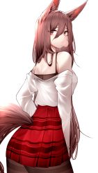 Rule 34 | 1girl, absurdres, akagi (azur lane), animal ear fluff, animal ears, azur lane, bare back, bare shoulders, breasts, brown hair, brown pantyhose, brown tail, blowing bubbles, checkered clothes, checkered skirt, chewing gum, commentary, dated commentary, food, fox ears, fox girl, fox tail, from behind, hair between eyes, hair over shoulder, head tilt, highres, kitsune, kyuubi, large breasts, long hair, looking at viewer, multiple tails, off shoulder, pantyhose, red skirt, samip, shirt, simple background, skirt, solo, symbol-only commentary, tail, underwear, undressing, very long hair, white background, white shirt