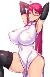 Rule 34 | 1girl, absurdres, armpits, arms up, black thighhighs, bouhatei (t-back), breasts, china dress, chinese clothes, curvy, dress, elbow gloves, gloves, highres, huge breasts, leg up, looking at viewer, makeup, mascara, mole, mole under eye, original, pink eyes, pink hair, shiny clothes, shiny skin, side slit, skindentation, solo, thick thighs, thighhighs, thighs
