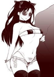 Rule 34 | 1boy, 1girl, arched back, bangle, bare shoulders, bikini, bracelet, breasts, choker, collarbone, commentary request, condom, condom packet strip, condom wrapper, earrings, eyepatch bikini, fate/stay night, fate (series), female pubic hair, hair ribbon, highleg, highleg bikini, jewelry, locked arms, long hair, medium breasts, micro shorts, monochrome, namidame, navel piercing, open fly, piercing, pubic hair, pubic hair peek, pubic tattoo, ribbon, shorts, simple background, solo focus, stomach, stud earrings, sunglasses, swimsuit, tattoo, thighhighs, tinted eyewear, tohsaka rin, two side up, white background