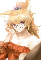 Rule 34 | 1girl, animal ears, blonde hair, breasts, cleavage, closed mouth, facial mark, fox ears, heart, heart-shaped pupils, highres, hololive, long hair, off shoulder, omaru polka, ponytail, purple eyes, simple background, solo focus, symbol-shaped pupils, tommy (kingdukeee), v, virtual youtuber, white background